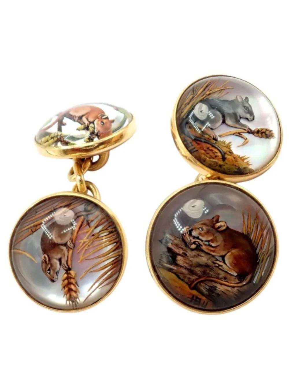 Vintage Tiffany & Co 18k Yellow Gold Essex Reverse Intaglio Field Mice Cufflinks